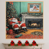 Santa Claus Relaxing in Rocking Chair by Fireplace with Christmas Tree, Gifts and Sleeping Cat in a Warm Holiday Living Room Scene with Garland and Framed Art on Ready to Hang 1.5" Thick Canvas Wrap, Floating Framed Canvas, Flat Rolled Canvas