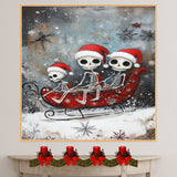 Whimsical Skeleton Family Sleigh Ride Christmas Print – Spooky Cute Holiday Decor with Santa Hats, Red Sleigh & Snowflakes, Gothic Winter Wall Art on Ready to Hang 1.5" Thick Canvas Wrap, Floating Framed Canvas, Flat Rolled Canvas