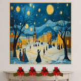 Christmas Village Stroll – Van Gogh-Inspired Folk Art with Glowing Lights, Snowy Streets, and Vintage Elegance on Ready to Hang 1.5" Thick Canvas Wrap, Floating Framed Canvas, Flat Rolled Canvas