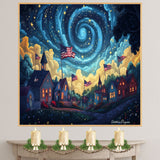 4th of July Village Celebration with Fireworks and Swirly Night Sky – Patriotic Folk Art Print on Ready to Hang 1.5" Thick Canvas Wrap, Floating Framed Canvas, Flat Rolled Canvas
