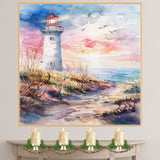 Watercolor Painting of Lighthouse Overlooking Ocean at Sunset with Coastal Path and Soaring Seagulls in Serene Setting on Ready to Hang 1.5" Thick Canvas Wrap, Floating Framed Canvas, Flat Rolled Canvas