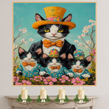 Blooming Elegance: Tuxedo Cat Mom and Three Kittens in Suits Amid Spring Flowers - Charming Seasonal Painting on Ready to Hang 1.5" Thick Canvas Wrap, Floating Framed Canvas, Flat Rolled Canvas