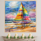 Vibrant Sailboat Watercolor Painting with Ocean Waves, Colorful Sky, and Reflections on the Shore on Ready to Hang 1.5" Thick Canvas Wrap, Floating Framed Canvas, Flat Rolled Canvas