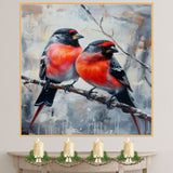 Colorful Bullfinches on Winter Branch Painting Print Featuring Red and Black Songbirds Perched in a Snowy Forest Scene with Artistic Background on Ready to Hang 1.5" Thick Canvas Wrap, Floating Framed Canvas, Flat Rolled Canvas