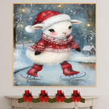 Whimsical Christmas Lamb Ice Skating Under Winter Lights in Red Sweater and Santa Hat – Sweet Holiday Animal Art for Nursery Decor, Gifts, and Seasonal Joy on Ready to Hang 1.5" Thick Canvas Wrap, Floating Framed Canvas, Flat Rolled Canvas