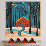 Red House in Snowy Forest with Golden Windows and Winding Path Beneath Falling Snowflakes and Starry Winter Sky on Ready to Hang 1.5" Thick Canvas Wrap, Floating Framed Canvas, Flat Rolled Canvas