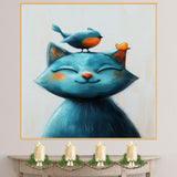 Smiling Blue Cat with Orange-Breasted Bird on Head Playful Whimsical Animal Illustration for Nursery or Kids Room Cute Art for Cat and Bird Lovers on Ready to Hang 1.5" Thick Canvas Wrap, Floating Framed Canvas, Flat Rolled Canvas