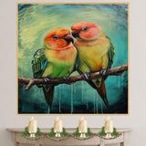 Vibrant Parrot Pair Artwork Featuring Orange Green and Yellow Plumage with Blue Highlights on a Branch Against an Abstract Teal and Textured Background on Ready to Hang 1.5" Thick Canvas Wrap, Floating Framed Canvas, Flat Rolled Canvas