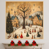 Whimsical Christmas Folk Art Scene with Decorated Tree, Snowy Village, Carolers, and Festive Holiday Celebrations on Ready to Hang 1.5" Thick Canvas Wrap, Floating Framed Canvas, Flat Rolled Canvas