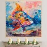 Colorful Watercolor Tropical Fish Close-Up with Rainbow Fins and Abstract Ocean Background for Coastal and Marine Art on Ready to Hang 1.5" Thick Canvas Wrap, Floating Framed Canvas, Flat Rolled Canvas