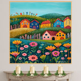 Whimsical Folk Art Canvas – Colorful Houses and Flowers on Rolling Hills in a Cheerful Landscape on Ready to Hang 1.5" Thick Canvas Wrap, Floating Framed Canvas, Flat Rolled Canvas