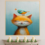 Smiling Orange Cat with Blue and Yellow Bird on Head Adorable Animal Illustration for Kids Room or Nursery Fun Whimsical Art for Cat and Bird Lovers on Ready to Hang 1.5" Thick Canvas Wrap, Floating Framed Canvas, Flat Rolled Canvas