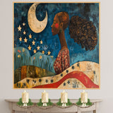 Powerful Woman Under Crescent Moon and Stars with Patriotic Motif, Folk Art Style 4th of July Scene Celebrating Strength, Nature, and Freedom on Ready to Hang 1.5" Thick Canvas Wrap, Floating Framed Canvas, Flat Rolled Canvas