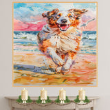 Watercolor Painting of a Fluffy Dog Joyfully Running on the Beach with Ocean Waves and Vibrant Sunset Skies on Ready to Hang 1.5" Thick Canvas Wrap, Floating Framed Canvas, Flat Rolled Canvas