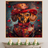Charming Romance: Dachshund in a European-Inspired Elegant Red Dress and Hat Sophisticated Heartfelt Painting on Ready to Hang 1.5" Thick Canvas Wrap, Floating Framed Canvas, Flat Rolled Canvas