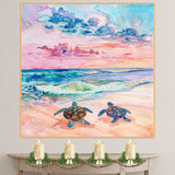 Watercolor Painting of Two Sea Turtles on the Beach Heading Toward Ocean Waves Under a Colorful Sunset Sky on Ready to Hang 1.5" Thick Canvas Wrap, Floating Framed Canvas, Flat Rolled Canvas