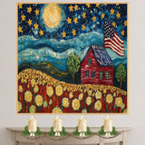 Patriotic Farmhouse Under Starry Sky with American Flag and Flower Field, Folk Art Style 4th of July Scene in Bold Colors and Textured Brushstrokes on Ready to Hang 1.5" Thick Canvas Wrap, Floating Framed Canvas, Flat Rolled Canvas