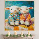 Two Cute Lambs in Bright Pajamas Wall Art | Adorable Nursery Animal Painting Print for Baby Room, Farmhouse Kids Decor, or Cozy Pastoral-Style Walls on Ready to Hang 1.5" Thick Canvas Wrap, Floating Framed Canvas, Flat Rolled Canvas