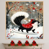 Whimsical Christmas Skunk in Red Cape – Ice Skating Woodland Animal Art Print, Adorable Winter Holiday Decor for Cozy Cabins, Nurseries & Christmas Lovers on Ready to Hang 1.5" Thick Canvas Wrap, Floating Framed Canvas, Flat Rolled Canvas