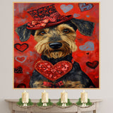 Heartfelt Charm: Airedale Dog in a Stylish Red Hat Surrounded by Love - Endearing Valentine's Painting on Ready to Hang 1.5" Thick Canvas Wrap, Floating Framed Canvas, Flat Rolled Canvas