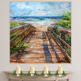 Coastal Boardwalk to Beach Watercolor Painting – Ocean Pathway Scene with Dunes, Waves, and Sky on Ready to Hang 1.5" Thick Canvas Wrap, Floating Framed Canvas, Flat Rolled Canvas