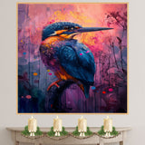 Blue and Orange Kingfisher Style Bird with Vibrant Abstract Pink and Purple Background on Ready to Hang 1.5" Thick Canvas Wrap, Floating Framed Canvas, Flat Rolled Canvas