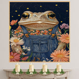 Whimsical Toad Art Print Frog in Overalls Floral Shirt Cute Animal Painting for Nursery Kids Room Nature Inspired Wall Decor Playful Frog Themed Accent on Ready to Hang 1.5" Thick Canvas Wrap, Floating Framed Canvas, Flat Rolled Canvas