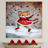Charming Christmas Cougar Ice Skating in Red Dress Whimsical Holiday Art Featuring Playful Wild Cat in Snowy Forest for Winter Decor and Animal Lovers on Ready to Hang 1.5" Thick Canvas Wrap, Floating Framed Canvas, Flat Rolled Canvas