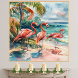 Watercolor Flamingos by Tropical Shoreline with Palm Leaves and Ocean Waves in Coastal Beach Art Print on Ready to Hang 1.5" Thick Canvas Wrap, Floating Framed Canvas, Flat Rolled Canvas