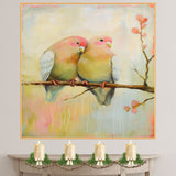 Pastel Bird Couple Art in Soft Yellow and Pink Hues Perched on Branch with Blossoms for Serene and Romantic Interior Style or Bird Lover Gift Ideas on Ready to Hang 1.5" Thick Canvas Wrap, Floating Framed Canvas, Flat Rolled Canvas