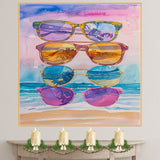 Watercolor Art of Five Sunglasses with Beach Reflections Featuring Palms Waves and Sunset in Tropical Summer Colors on Ready to Hang 1.5" Thick Canvas Wrap, Floating Framed Canvas, Flat Rolled Canvas