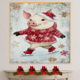 Whimsical Christmas Pig Ice Skating – Red Snowflake Sweater Holiday Animal Art Print, Festive Nursery Decor or Winter Farmhouse Gift on Ready to Hang 1.5" Thick Canvas Wrap, Floating Framed Canvas, Flat Rolled Canvas