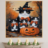 Enchanted Autumn Gathering: Tuxedo Cat Mom in Witch Hat with Three Kittens and Carved Pumpkin on Ready to Hang 1.5" Thick Canvas Wrap, Floating Framed Canvas, Flat Rolled Canvas