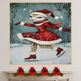Whimsical Christmas Wall Art Featuring Elegant Cougar in Red Dress Ice Skating Through Snowy Forest – Holiday Decor for Animal Lovers and Winter Magic Fans on Ready to Hang 1.5" Thick Canvas Wrap, Floating Framed Canvas, Flat Rolled Canvas