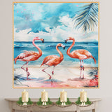 Watercolor Flamingos at Beach with Tropical Ocean Background and Palm Leaves in Vibrant Colors on Ready to Hang 1.5" Thick Canvas Wrap, Floating Framed Canvas, Flat Rolled Canvas