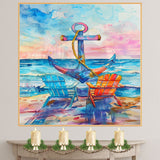Watercolor Painting of Adirondack Chairs Facing Ocean with Large Anchor and Colorful Sunset Sky in Coastal Style on Ready to Hang 1.5" Thick Canvas Wrap, Floating Framed Canvas, Flat Rolled Canvas
