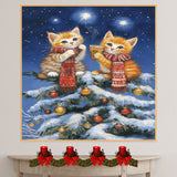 Christmas Kittens Canvas Wall Art – Orange Tabby Cats with Cocoa in Snowy Tree – Holiday Décor Print with Red Scarves & Ornaments on Ready to Hang 1.5" Thick Canvas Wrap, Floating Framed Canvas, Flat Rolled Canvas