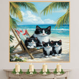 Seaside Serenity: Tuxedo Cat Mom and Three Kittens Relaxing on a Beach Chair on Ready to Hang 1.5" Thick Canvas Wrap, Floating Framed Canvas, Flat Rolled Canvas