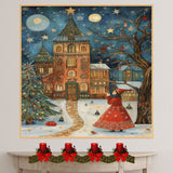 Starry Christmas Night – Folk Art Girl and Village in Snow on Ready to Hang 1.5" Thick Canvas Wrap, Floating Framed Canvas, Flat Rolled Canvas