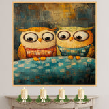 Whimsical Painting of Two Cute Colorful Owls in Sweaters Sitting Together on a Cozy Blanket in a Textured Artistic Style on Ready to Hang 1.5" Thick Canvas Wrap, Floating Framed Canvas, Flat Rolled Canvas