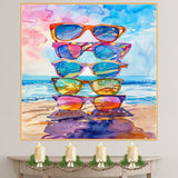 Watercolor Art of Five Stylish Sunglasses Stacked on Beach with Colorful Reflections and Ocean Horizon Background on Ready to Hang 1.5" Thick Canvas Wrap, Floating Framed Canvas, Flat Rolled Canvas