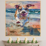 Watercolor Dog Running on Beach with Colorful Sunset and Splashing Surf in Vibrant Coastal Animal Art for Dog Lovers on Ready to Hang 1.5" Thick Canvas Wrap, Floating Framed Canvas, Flat Rolled Canvas