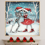 Whimsical Skeleton Couple Ice Skating Christmas Art – Gothic Holiday Romance Wall Print, Festive Skeleton Love in Red Santa Hats, Spooky Cute Winter Decor on Ready to Hang 1.5" Thick Canvas Wrap, Floating Framed Canvas, Flat Rolled Canvas