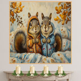 Charming Painting of Two Squirrels in Colorful Hoodies Sitting in a Cozy Autumn Setting Surrounded by Blankets and Golden Leaves with Whimsical Expressions on Ready to Hang 1.5" Thick Canvas Wrap, Floating Framed Canvas, Flat Rolled Canvas