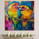 Bright Lovebirds in Vivid Abstract Expressionist Style with Colorful Brushstrokes Featuring Tropical Parrots on Branch in a Bold Artistic Composition on Ready to Hang 1.5" Thick Canvas Wrap, Floating Framed Canvas, Flat Rolled Canvas