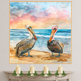 Two Colorful Pelicans on Sandy Beach with Gentle Ocean Waves and Sunset Sky in Vibrant Watercolor Illustration on Ready to Hang 1.5" Thick Canvas Wrap, Floating Framed Canvas, Flat Rolled Canvas