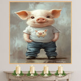 Adorable Piglet in T-Shirt and Jeans with Hands in Pockets – Whimsical Animal Portrait Illustration on Ready to Hang 1.5" Thick Canvas Wrap, Floating Framed Canvas, Flat Rolled Canvas