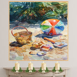 Watercolor Beach Scene with Colorful Ball, Shells, Rusty Bucket, Spade, and Tropical Foliage in the Background on Ready to Hang 1.5" Thick Canvas Wrap, Floating Framed Canvas, Flat Rolled Canvas