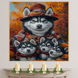 Autumn Breeze: Siberian Husky Mom and Her Three Puppies in a Fall Landscape on Ready to Hang 1.5" Thick Canvas Wrap, Floating Framed Canvas, Flat Rolled Canvas