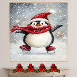 Whimsical Christmas Penguin Ice Skating with Red Scarf and Santa Hat – Cheerful Winter Animal Art for Holiday Nursery Decor, Gifts, or Seasonal Wall Display on Ready to Hang 1.5" Thick Canvas Wrap, Floating Framed Canvas, Flat Rolled Canvas